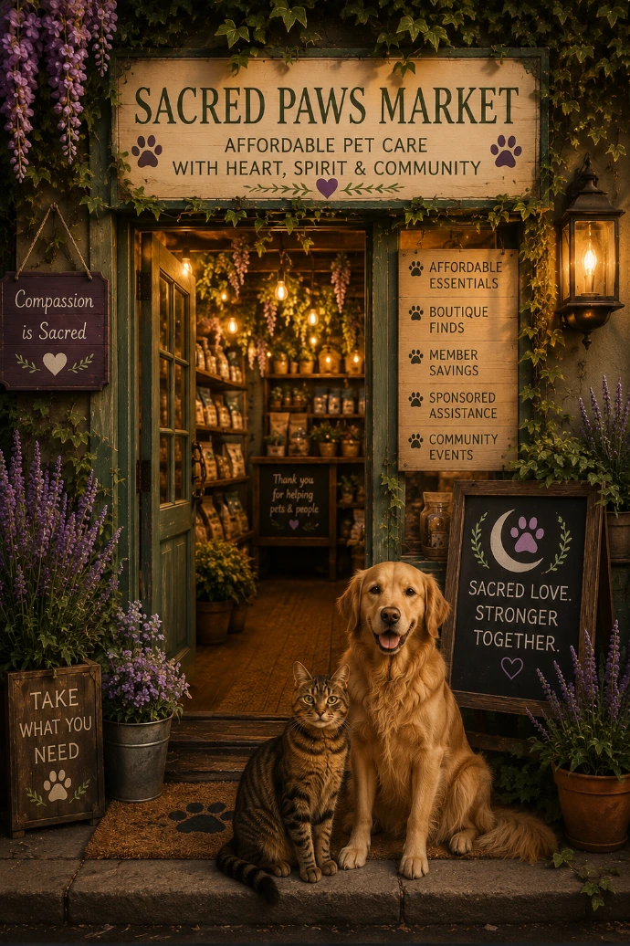 Warm storefront image of Sacred Paws Market featuring affordable pet supplies, community care, and a welcoming atmosphere for pet owners and their animals.