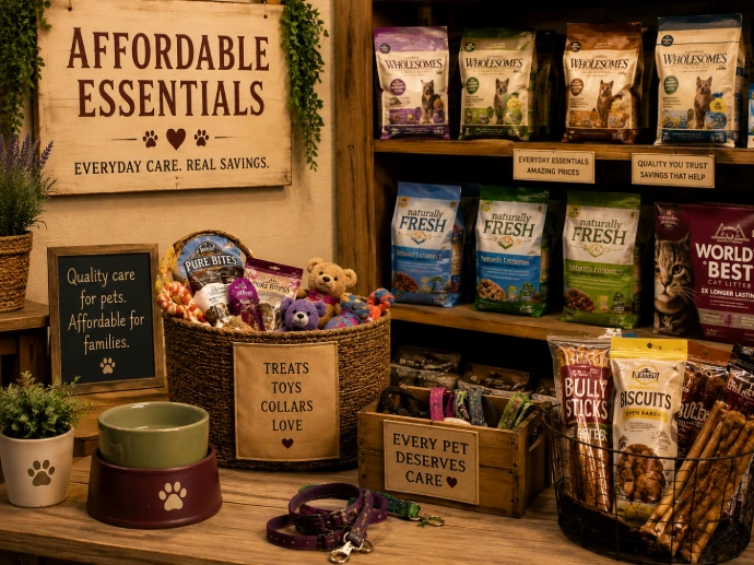 Affordable pet food, litter, treats, toys, collars, leashes, and bowls at Sacred Paws Market