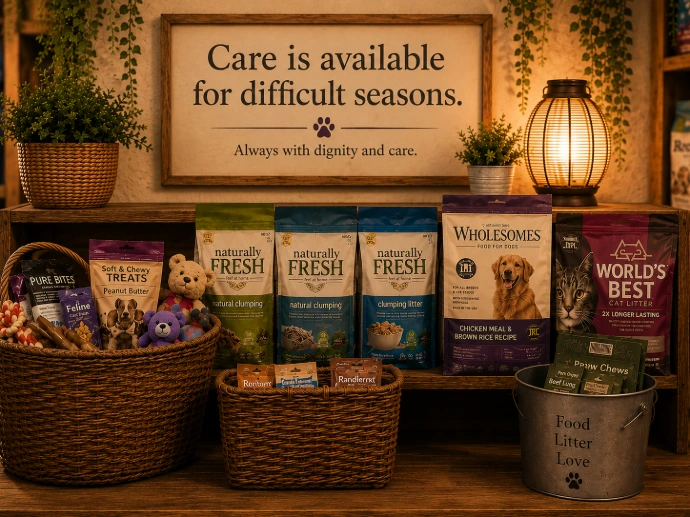 Sponsored pet supply assistance display with food, litter, baskets, and a sign reading care is available for difficult seasons