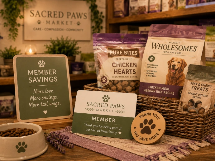 Sacred Paws Market member savings card with pet food, treats, and savings tag