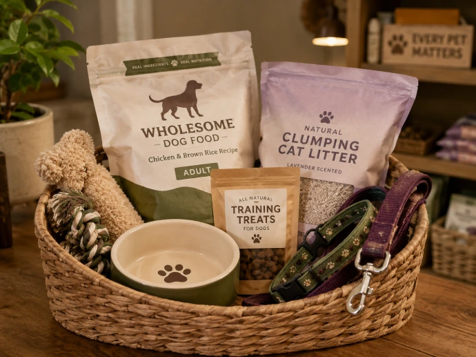 Basket of basic pet supplies with dog food, cat litter, treats, leash, collar, toy, and bowl