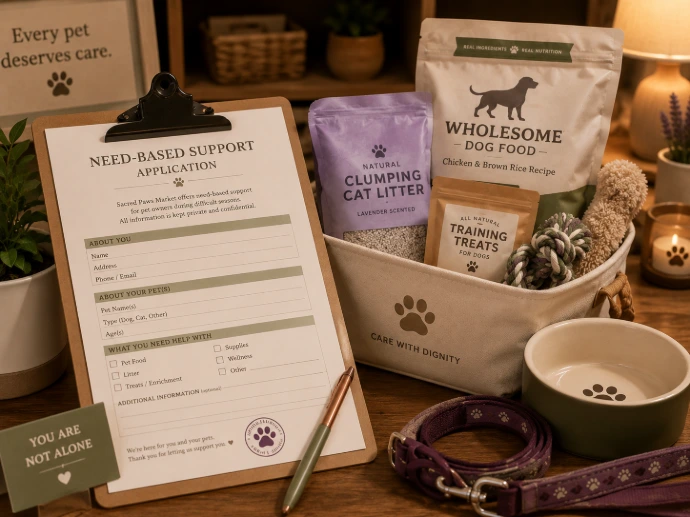 Need-based pet support application with pet food, cat litter, treats, leash, bowl, and care supplies