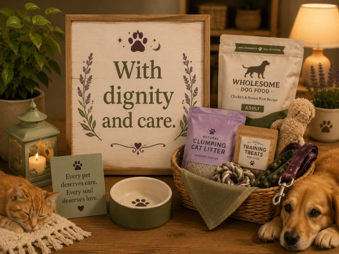 Warm pet care display with a sign reading with dignity and care, pet supplies, plants, soft lighting, a cat, and a dog