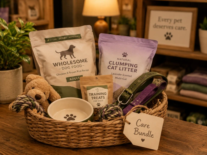Care bundle basket with dog food, cat litter, treats, leash, collar, bowl, and toy in a warm pet store setting