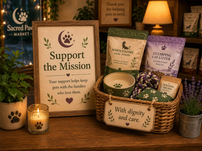 Support the Mission sign beside a basket of pet supplies with a With dignity and care tag in a warm pet store setting
