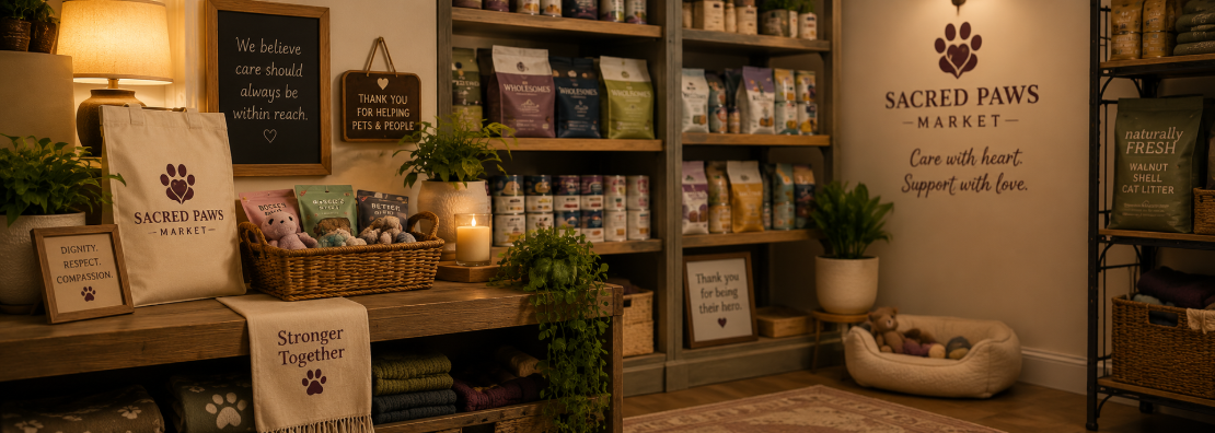 Warm Sacred Paws Market interior with pet supplies, plants, soft lamp light, and dignity-centered signs about care, respect, and compassion.