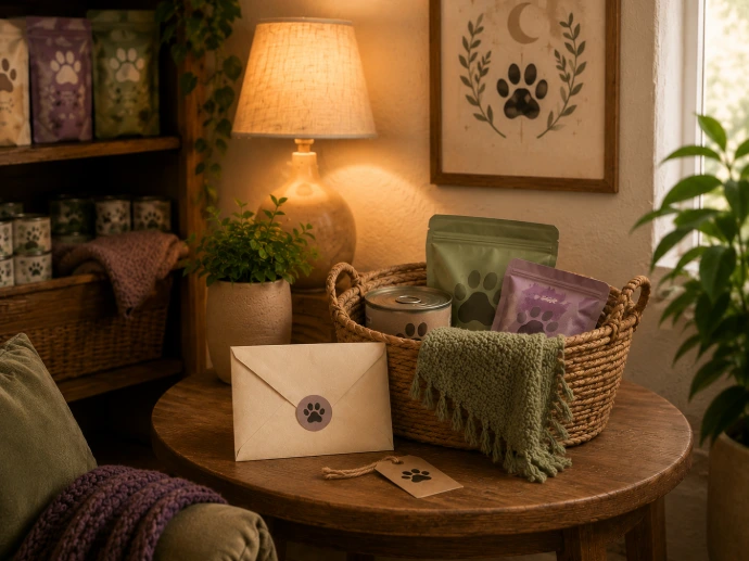 Closed assistance envelope and modest basket of pet supplies on a warm wooden table in a cozy Sacred Paws Market setting with soft lamp light, plants, sage, and plum accents.